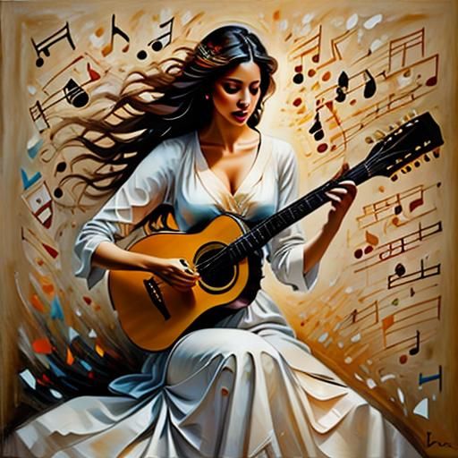 Woman Playing Guitar with Golden Orchestra LoRA