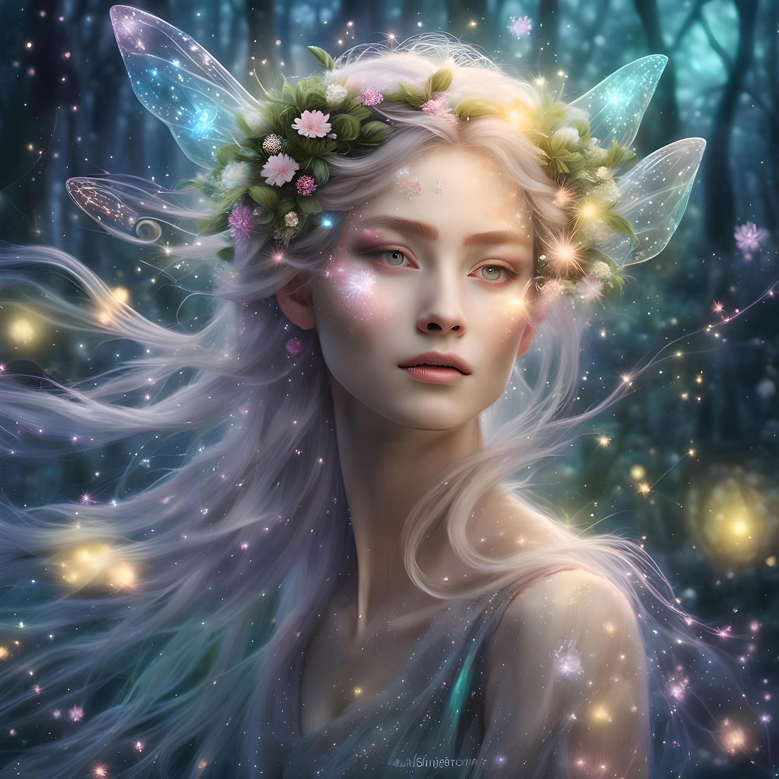 Fae Portrait in Bioluminescent Spring Forest
