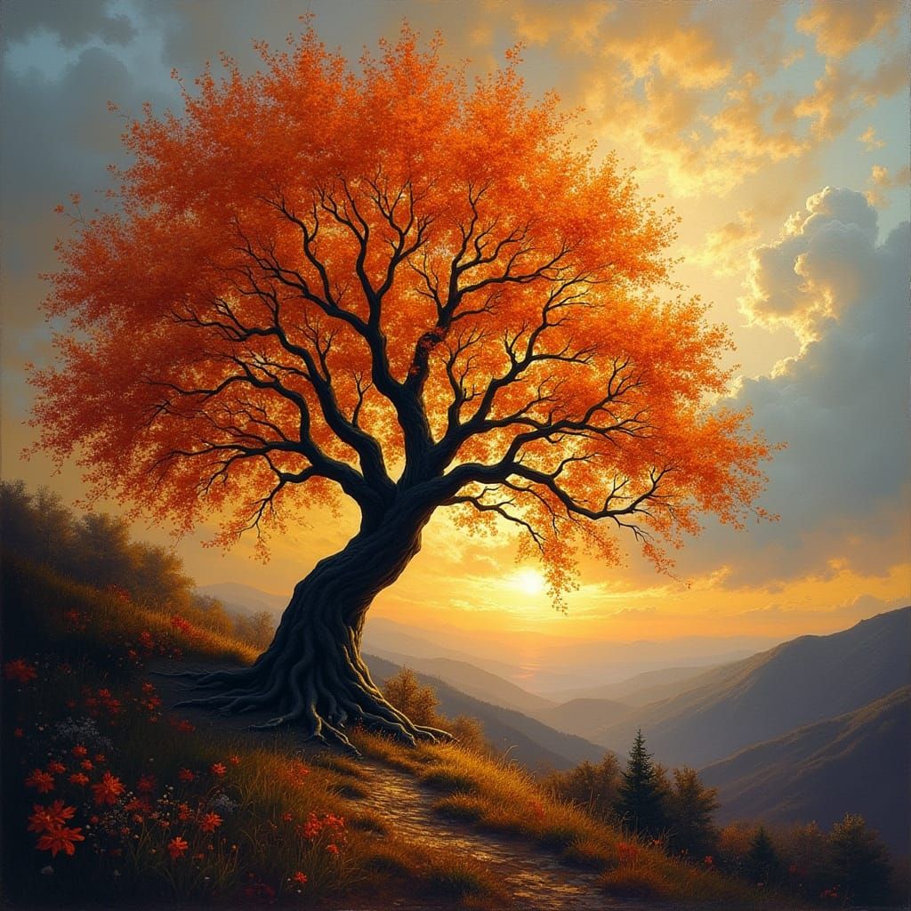 Magical Autumn Tree Aglow at Dusk, in Art Nouveau Style