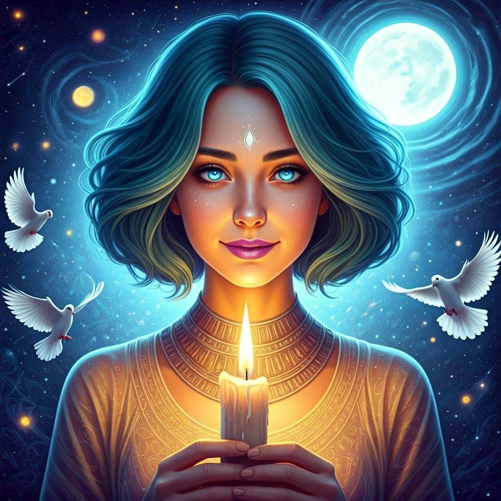 Mystical Cosmic Portrait with Teal Hair and Celestial Backgr...