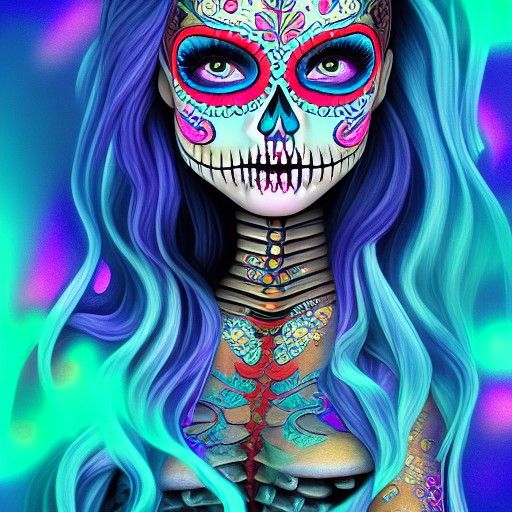 Mermaid Skeleton Sugarskull Lady in Visionary Style
