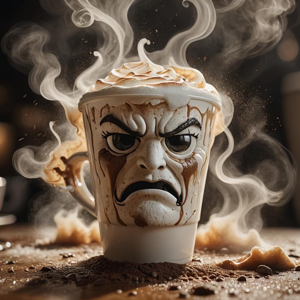 Angry Face in Coffee Foam: Cinematic Still