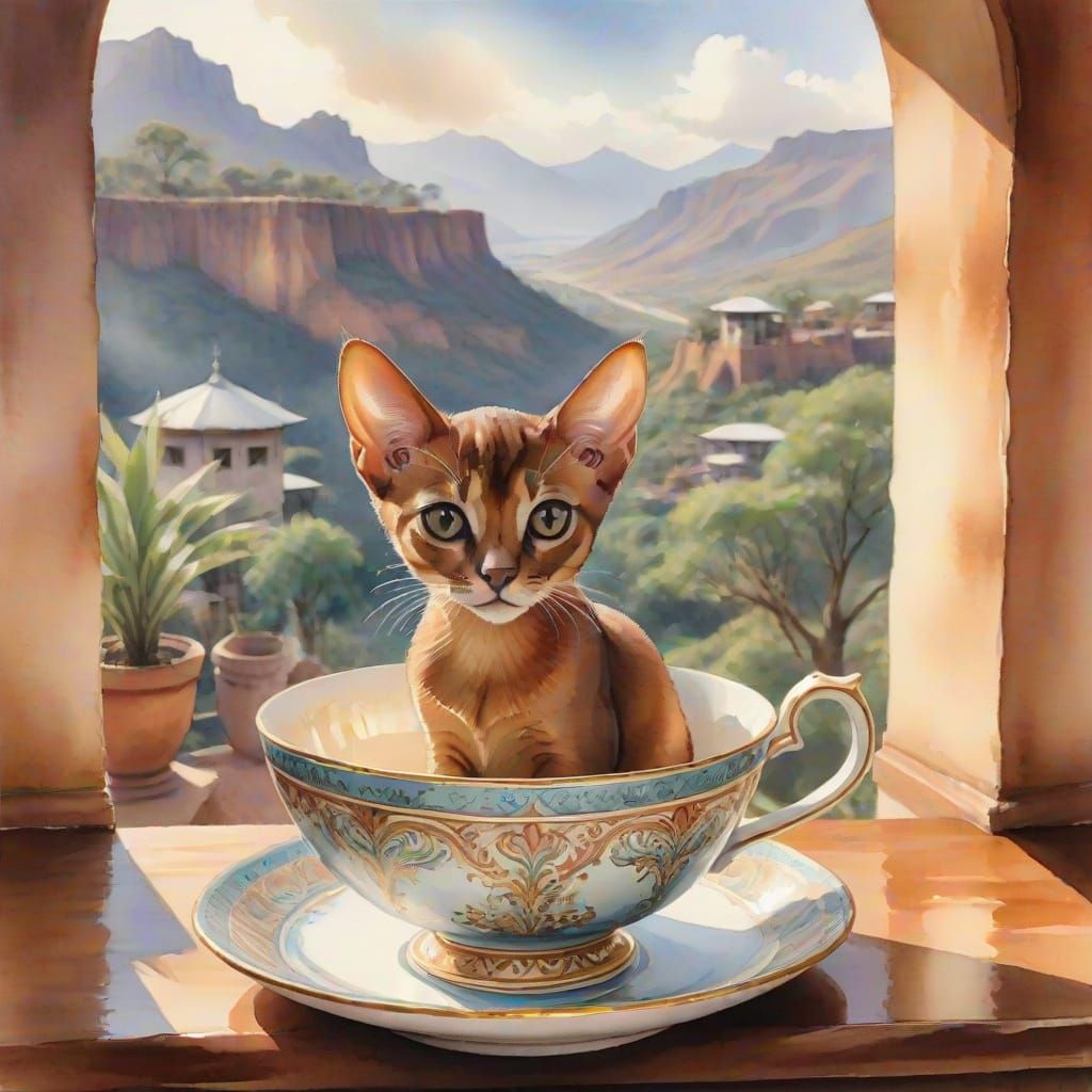 Watercolor Abyssinian Cat in Teacup with Highlands View
