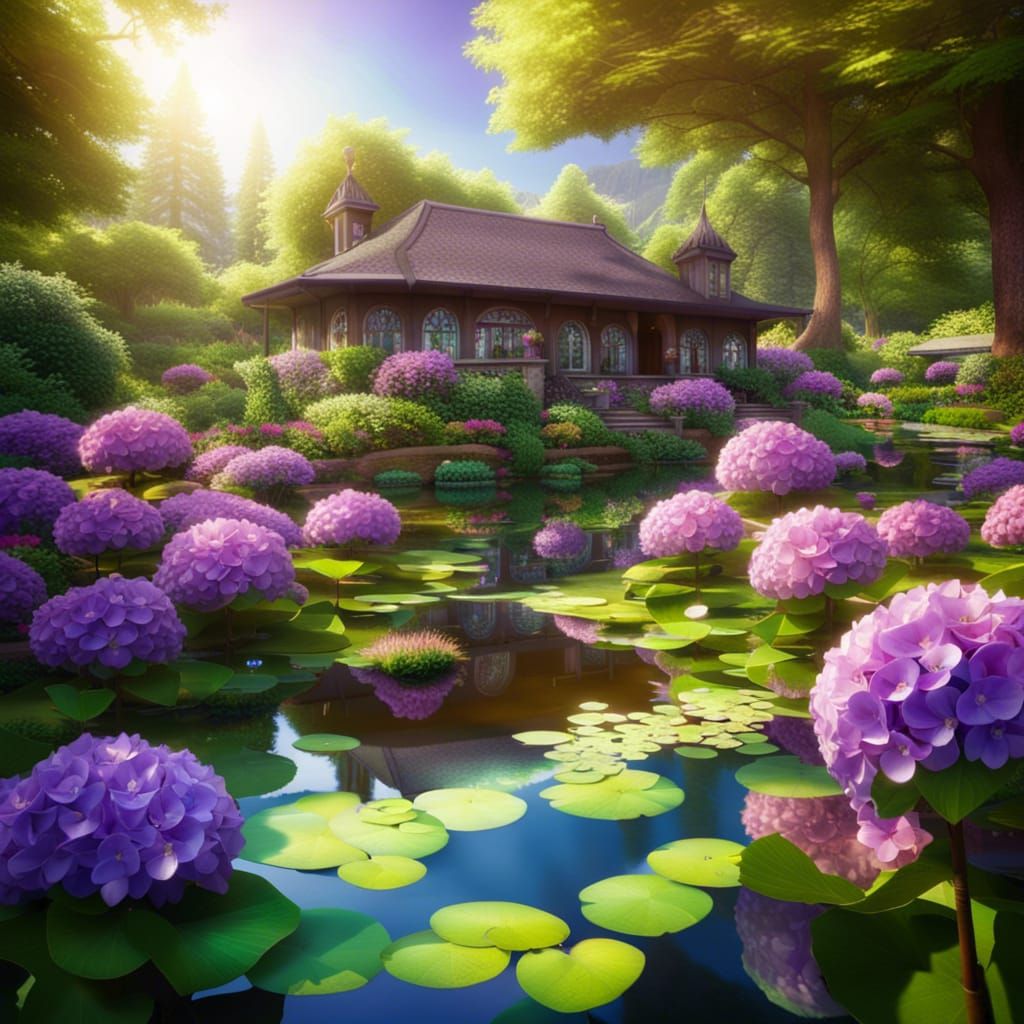 Lush Hydrangea Garden Cottage by a Pond