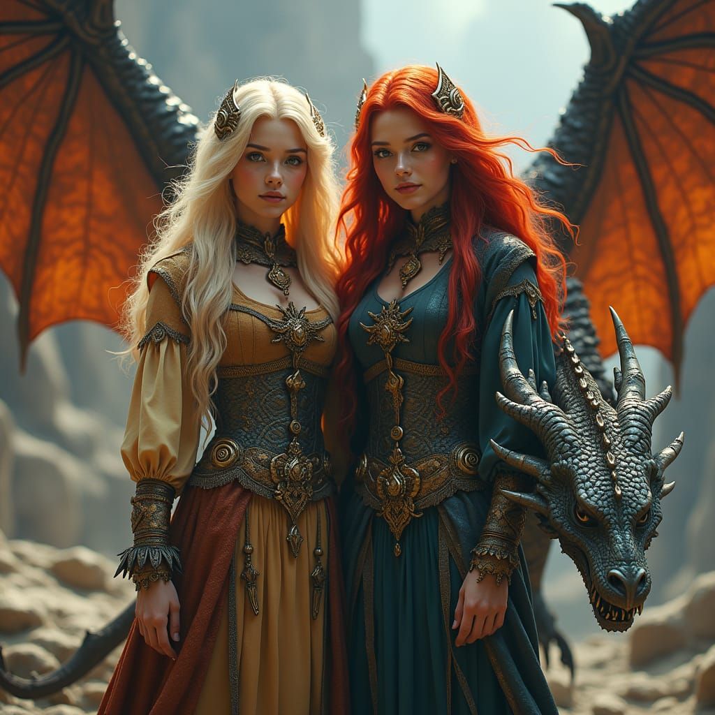 Twin Witches with Dragon: Fantasy Concept Art