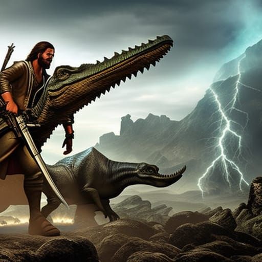 Jesus Christ Riding Dinosaur with AK-47, Hyperdetailed Art