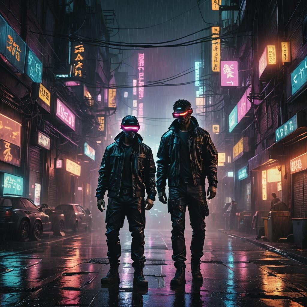 Cyber Detective in Rain-Soaked Cyberpunk Alley