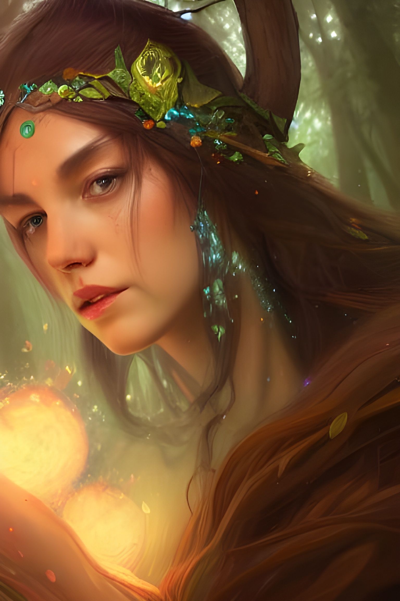 Forest Druid Priestess Portrait in Renaissance Painting Styl...