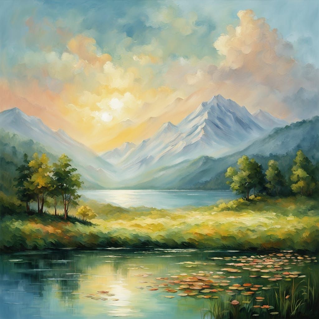 Serene Lakescape in Soft Impressionist Style