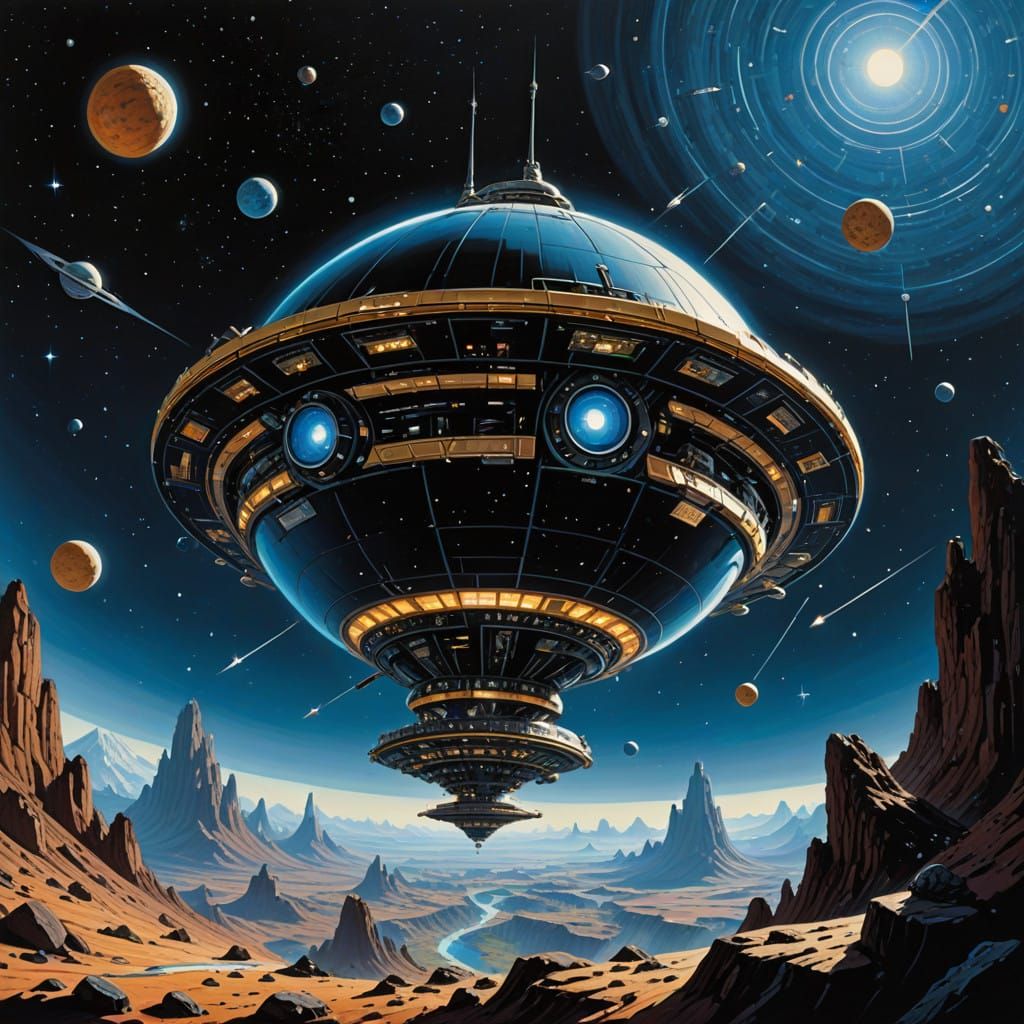 Fusion of Retrofuturism and Cosmic Art. (Spherical flying uf...