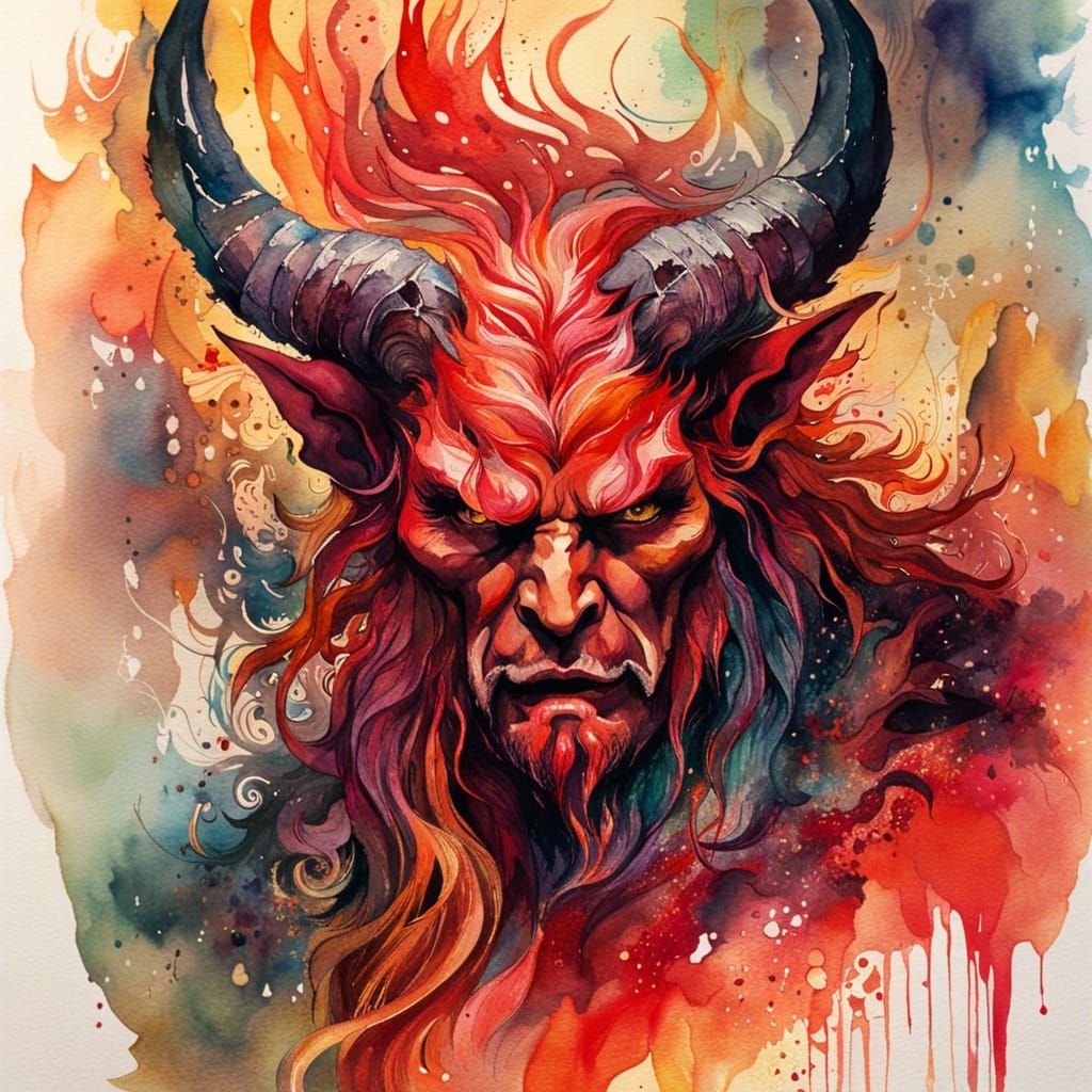 Watercolor Satan in Hellfire: Aquarelle Style