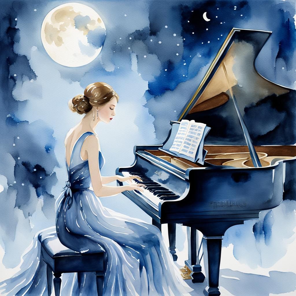 Moonlight Sonata: Romantic Watercolor Piano Scene