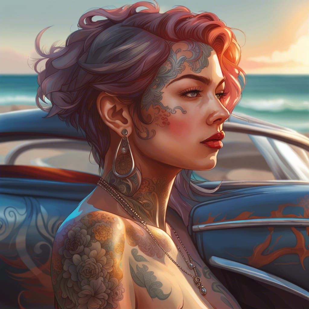 Hawaii Beach Hot Rod with Tattooed Women