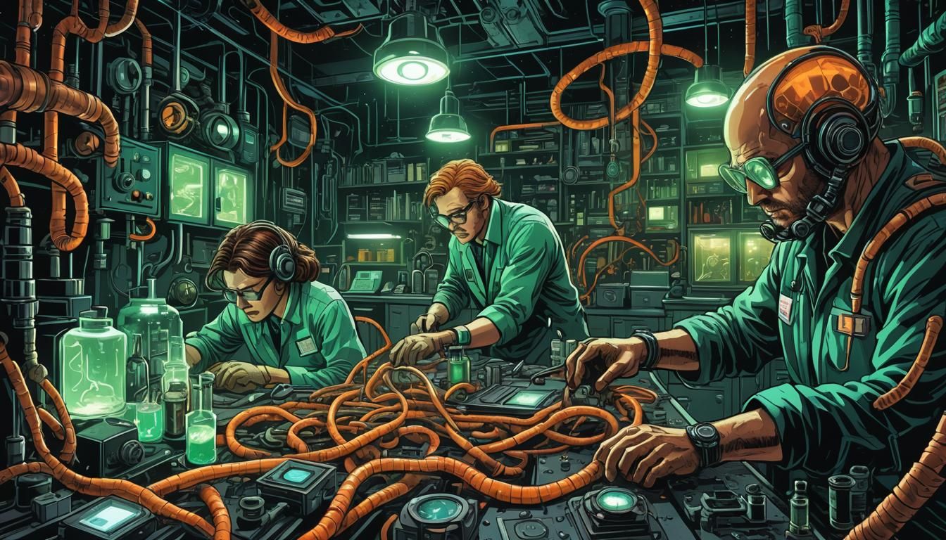 Gritty Comic Art: Scientists Transform in Eerie Lab