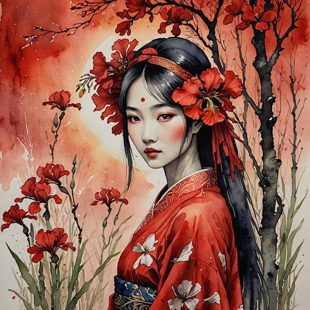 Asian Girl in Red, Minimalist Watercolor Style