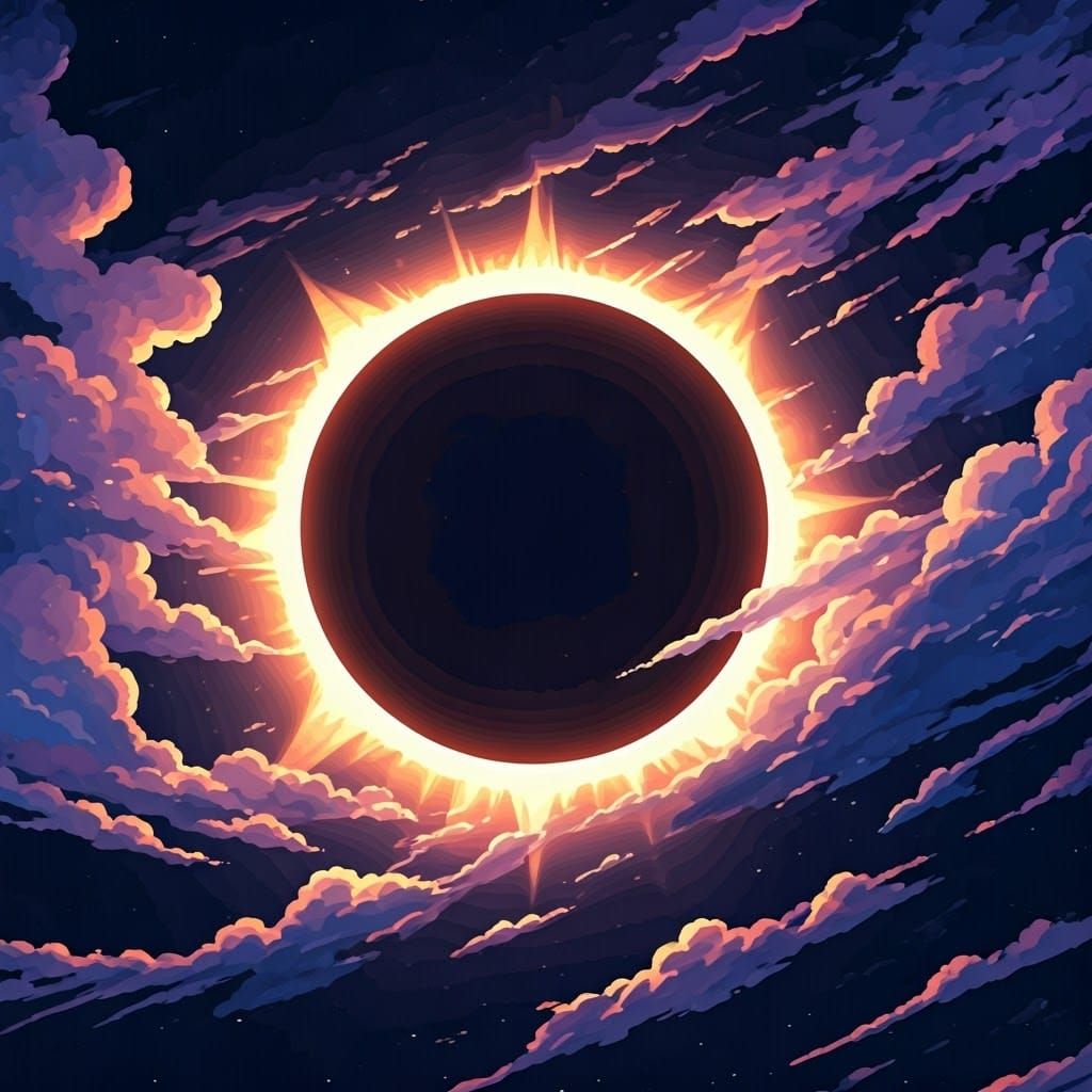 Anime-Style Solar Eclipse with Vibrant Clouds and Delicate T...