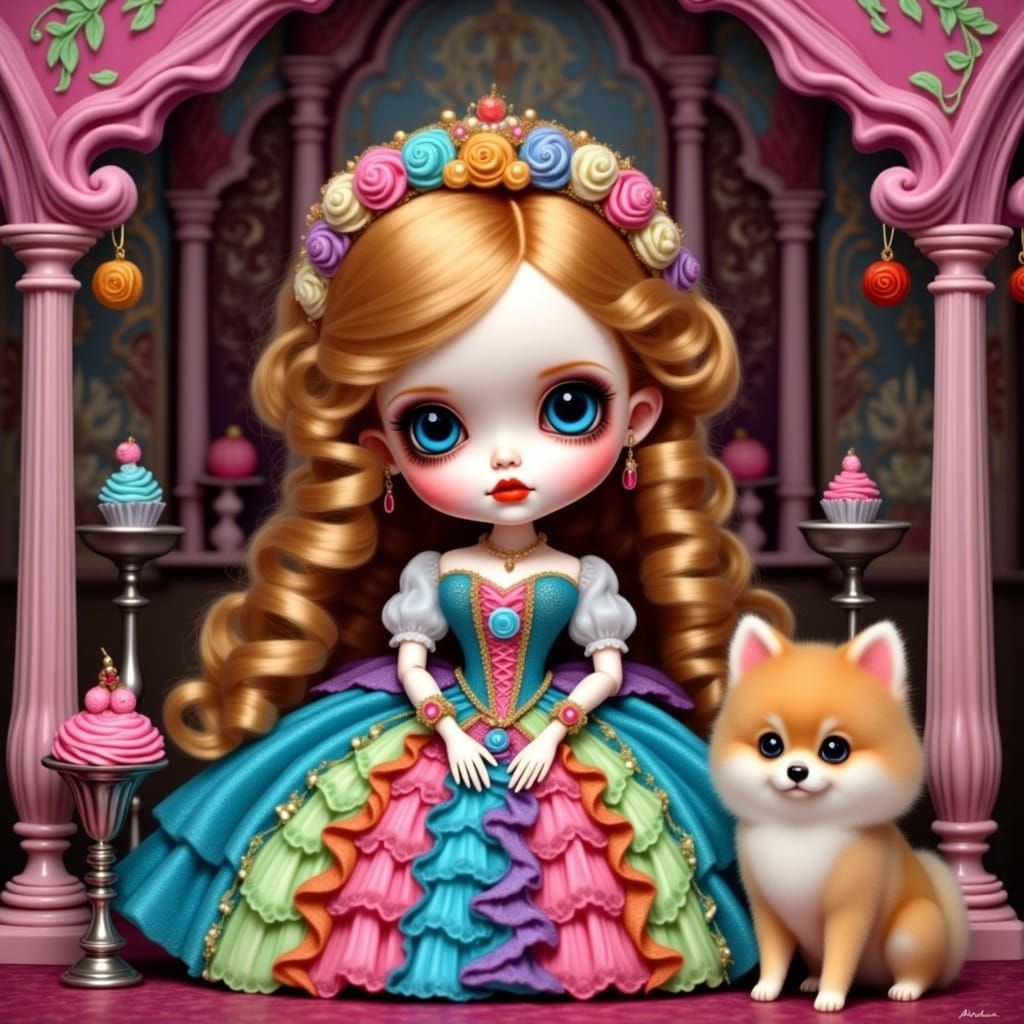 Rainbow Candy Doll with Pomeranian, Whimsical Digital Art