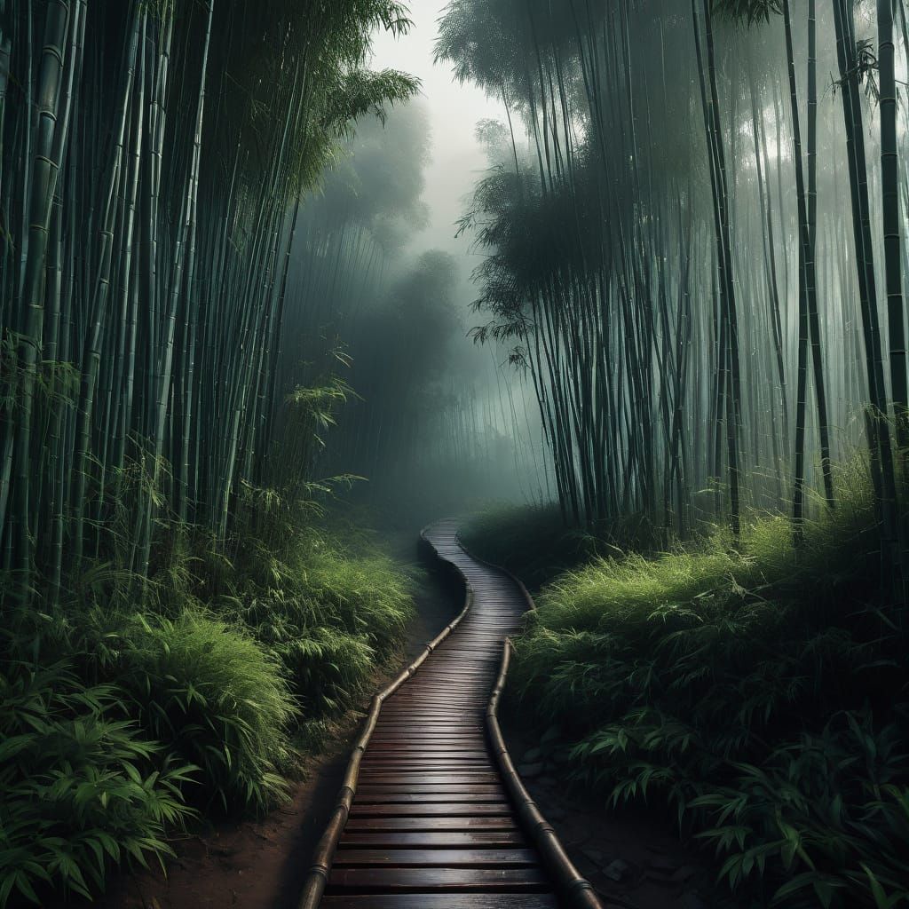 Misty Bamboo Forest Path at Dawn