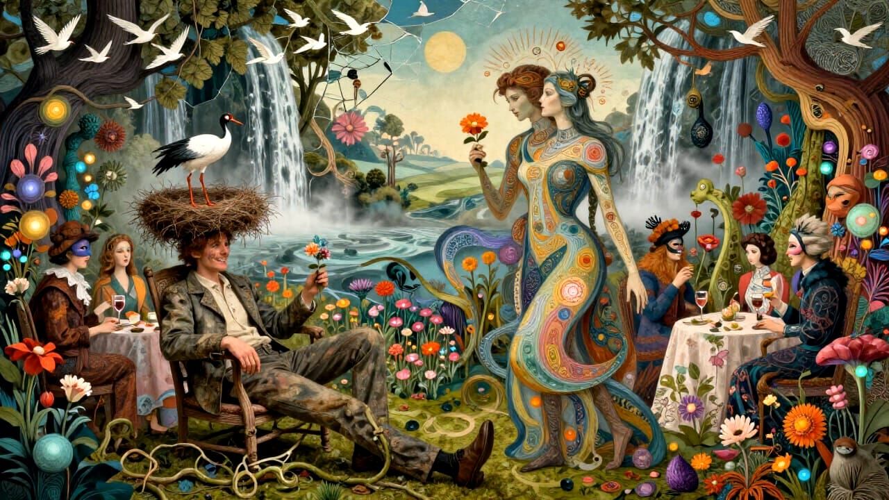 Surreal Garden Party with Storks and Waterfalls