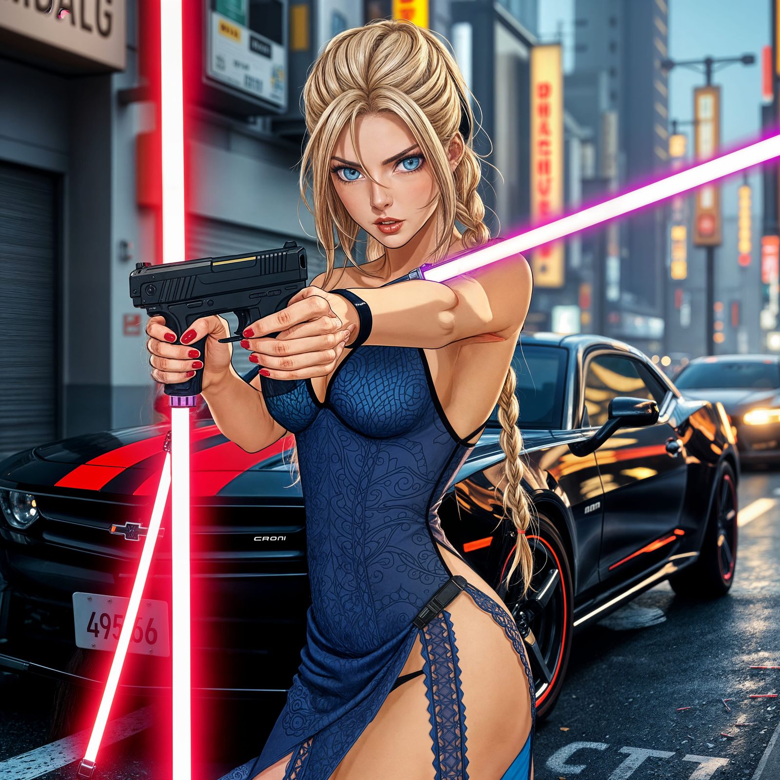 Anime Woman Aims Futuristic Gun and Lightsaber