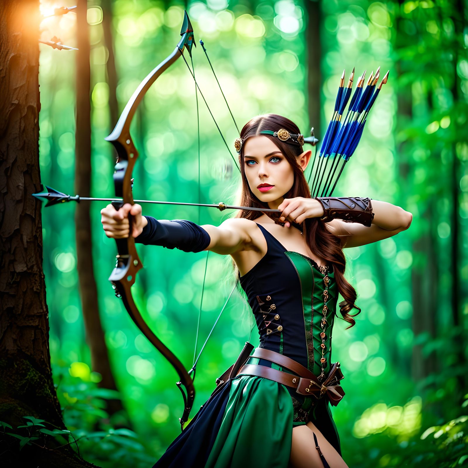Steampunk Fairy Elf Archer in Forest