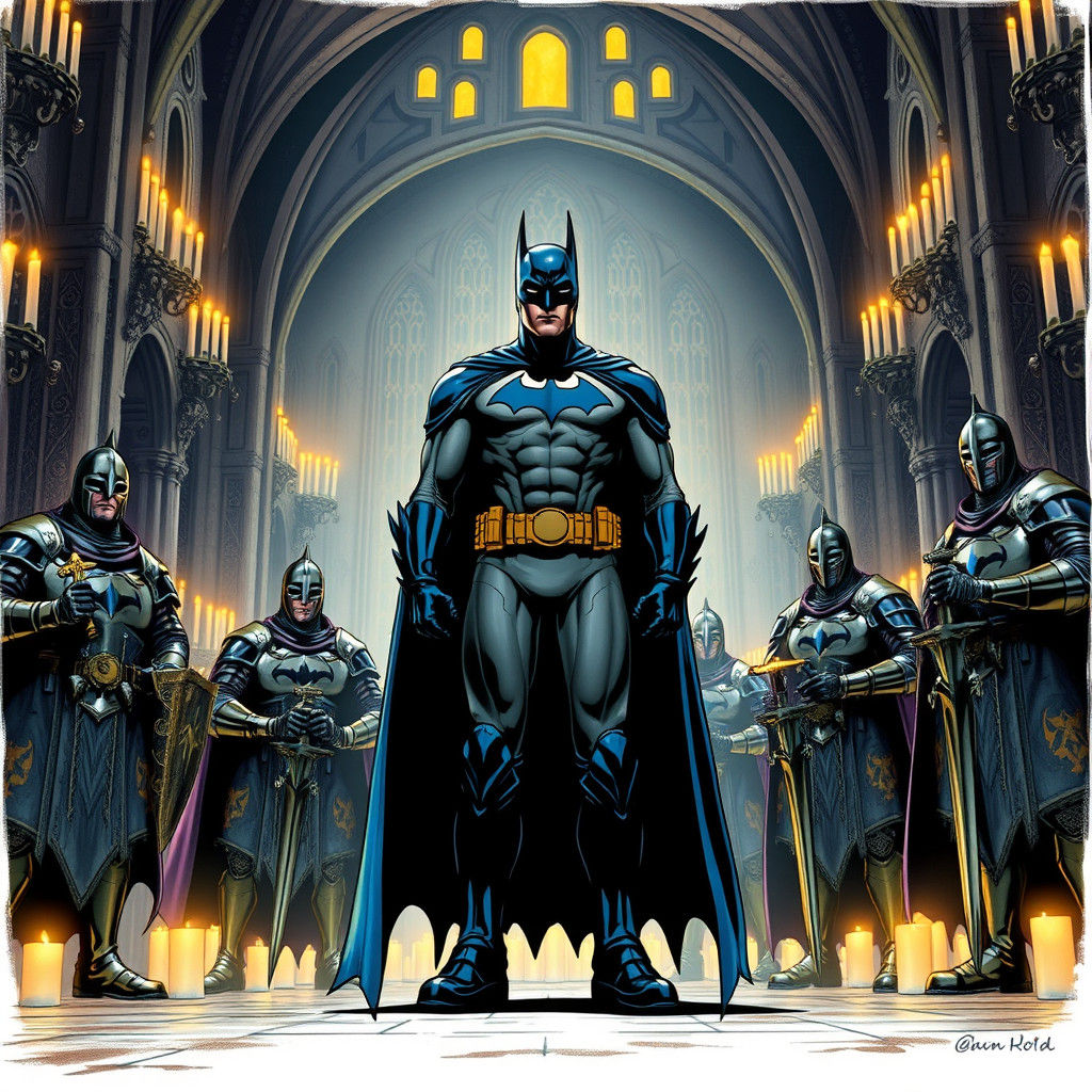 Batman and Knights in Candlelit Castle, Comic Book Art