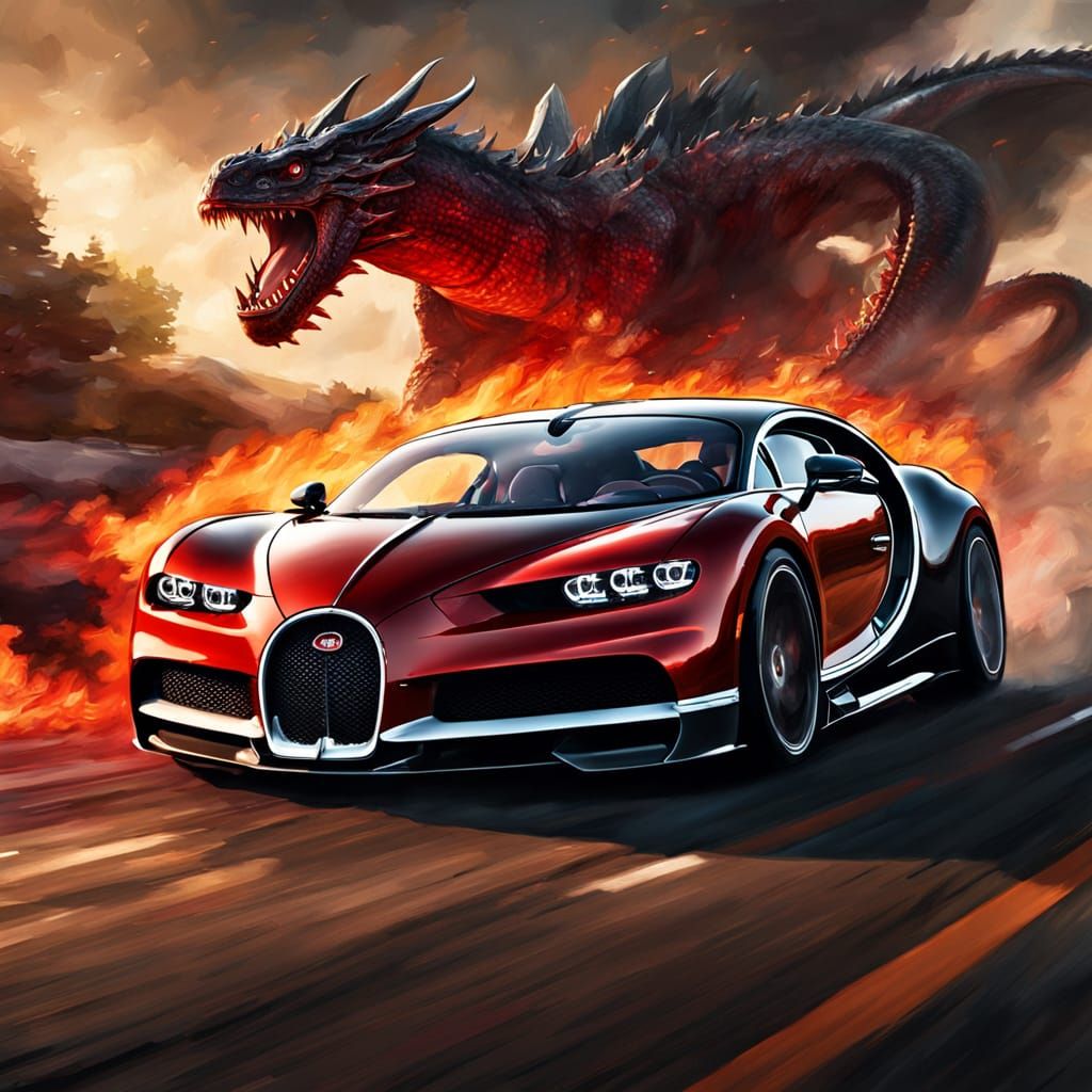 Red Bugatti Chiron Evades Fiery Dragon in Dramatic Digital A...