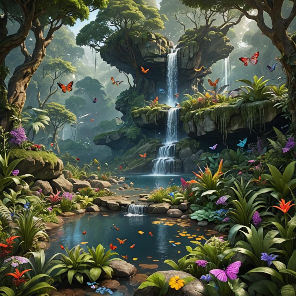 Eden Waterfall in Forest Clearing: Fantasy Art