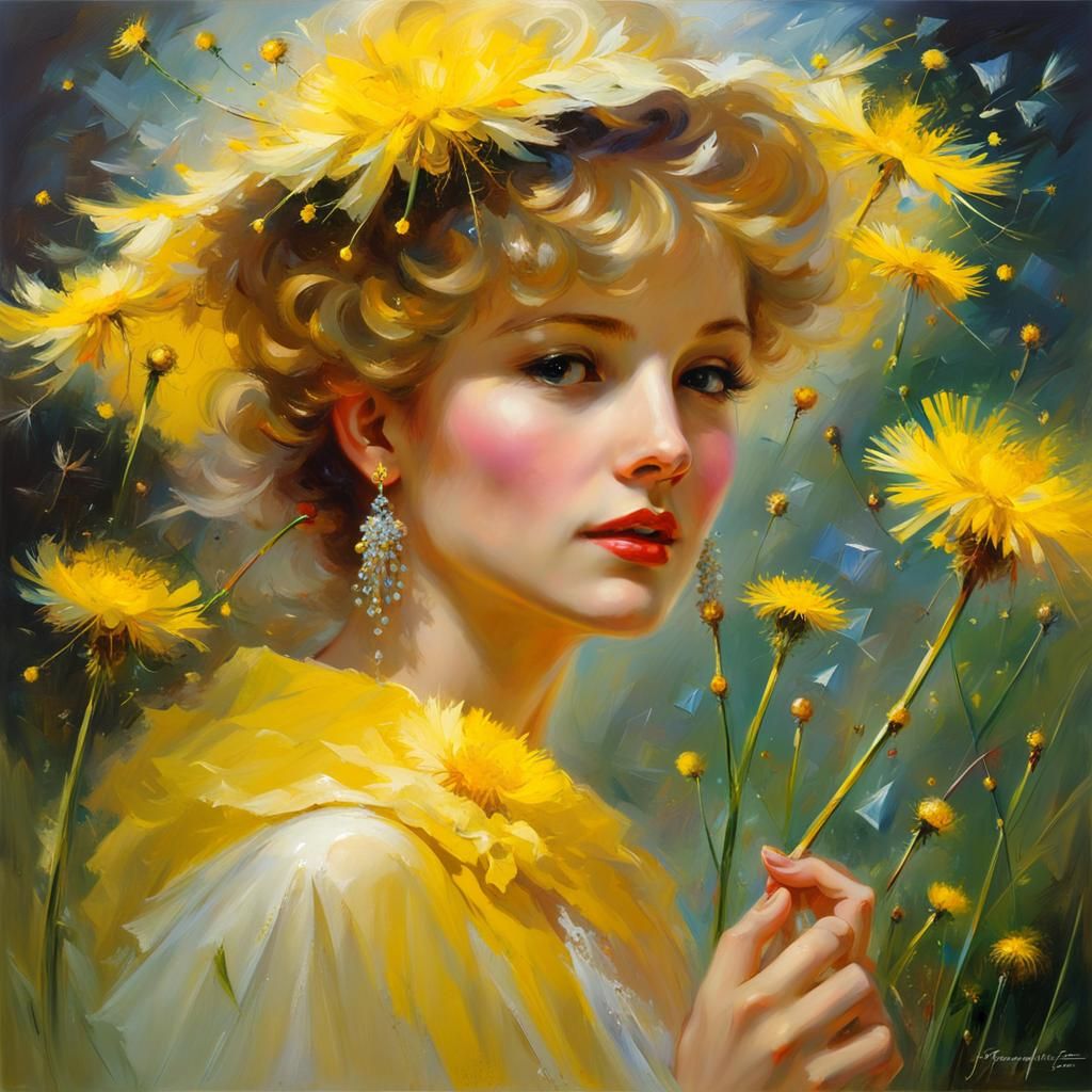 Dandelion Flowers in Sunny Rain, Oil Painting