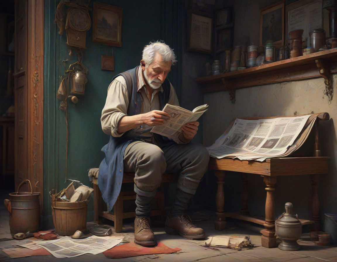 Whimsical Watercolor Scene of Old Man Reading in Gothic Atmo...