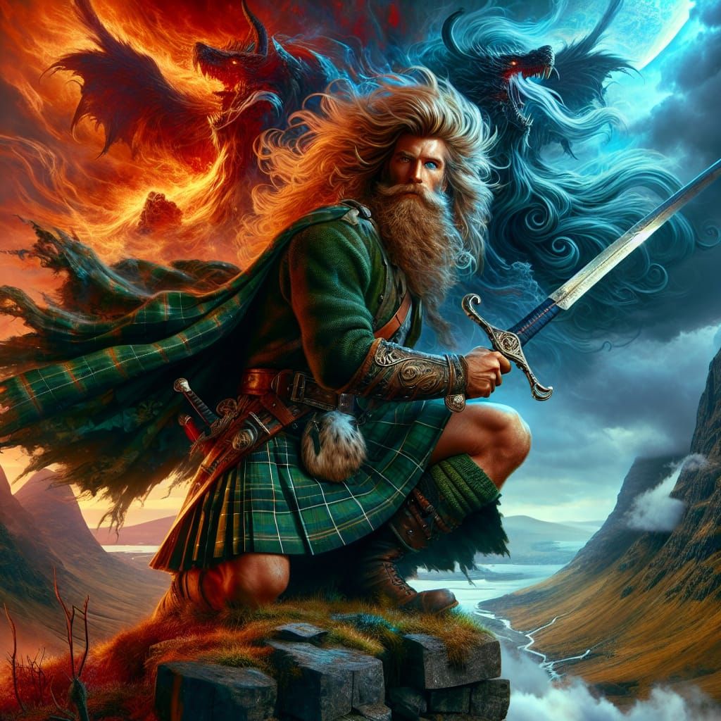 Scottish Highlander with Claymore Sword, Fantasy Concept Art