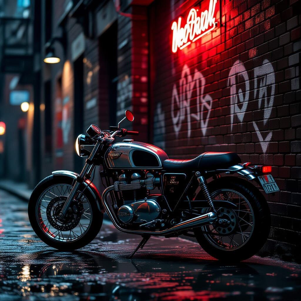 Neo-Noir Café Racer in Rain-Slicked Alley