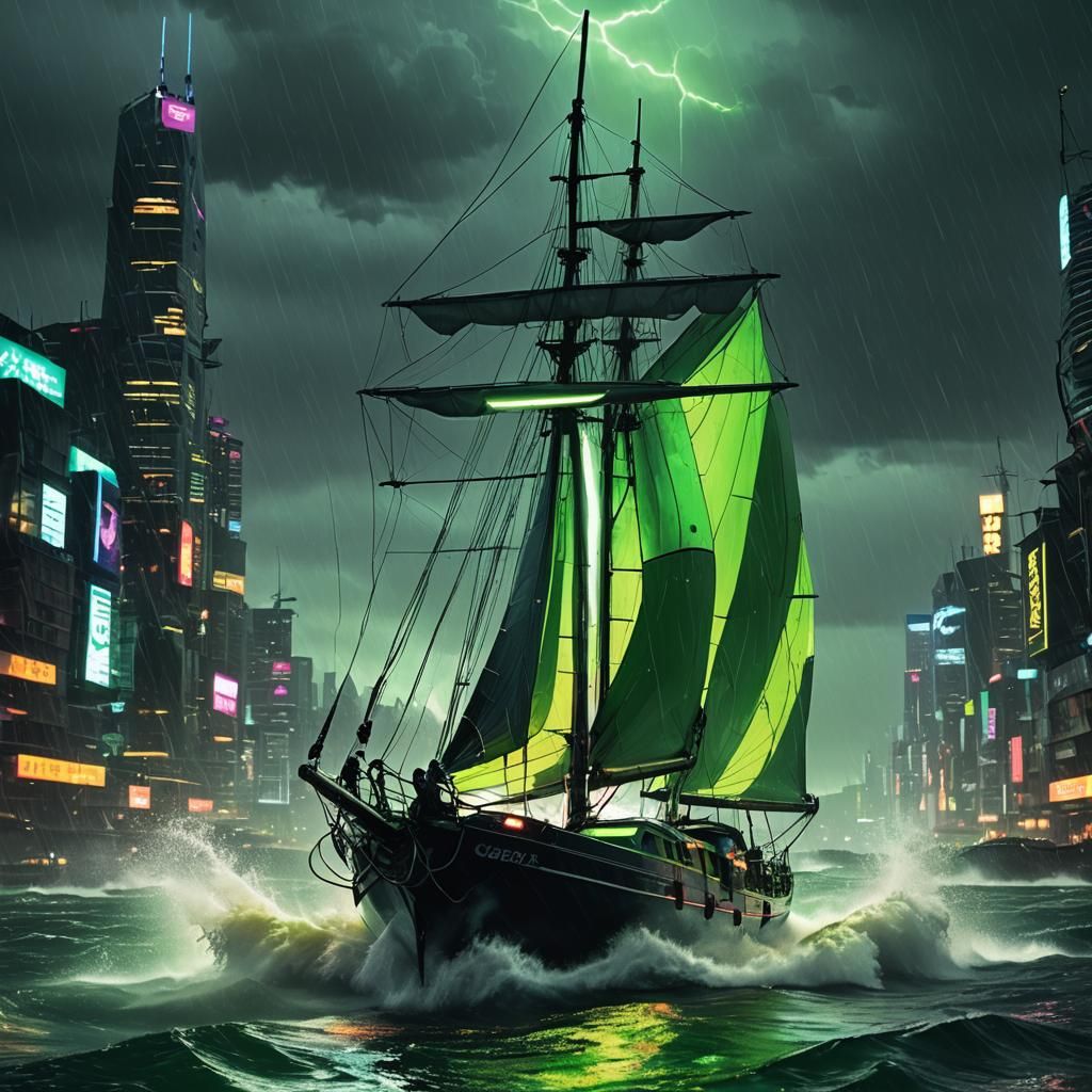 Cyberpunk Sailboat in Neon Stormy Sea