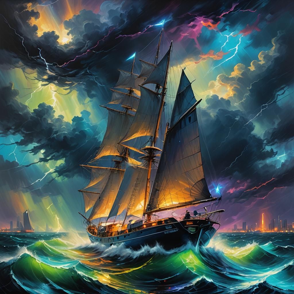 Cyberpunk Sailboat in Stormy Sea with Neon Lights