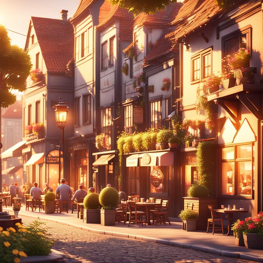 Charming Village Street at Sunset in 3D Style