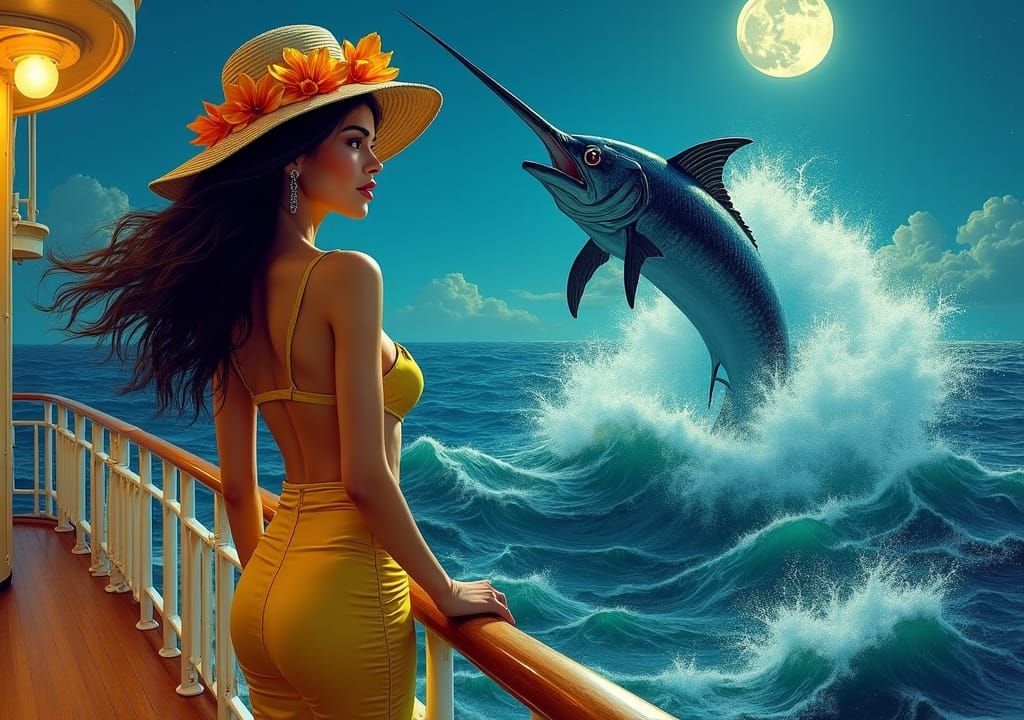 Woman on Ship Terrace with Swordfish, in Impasto Style