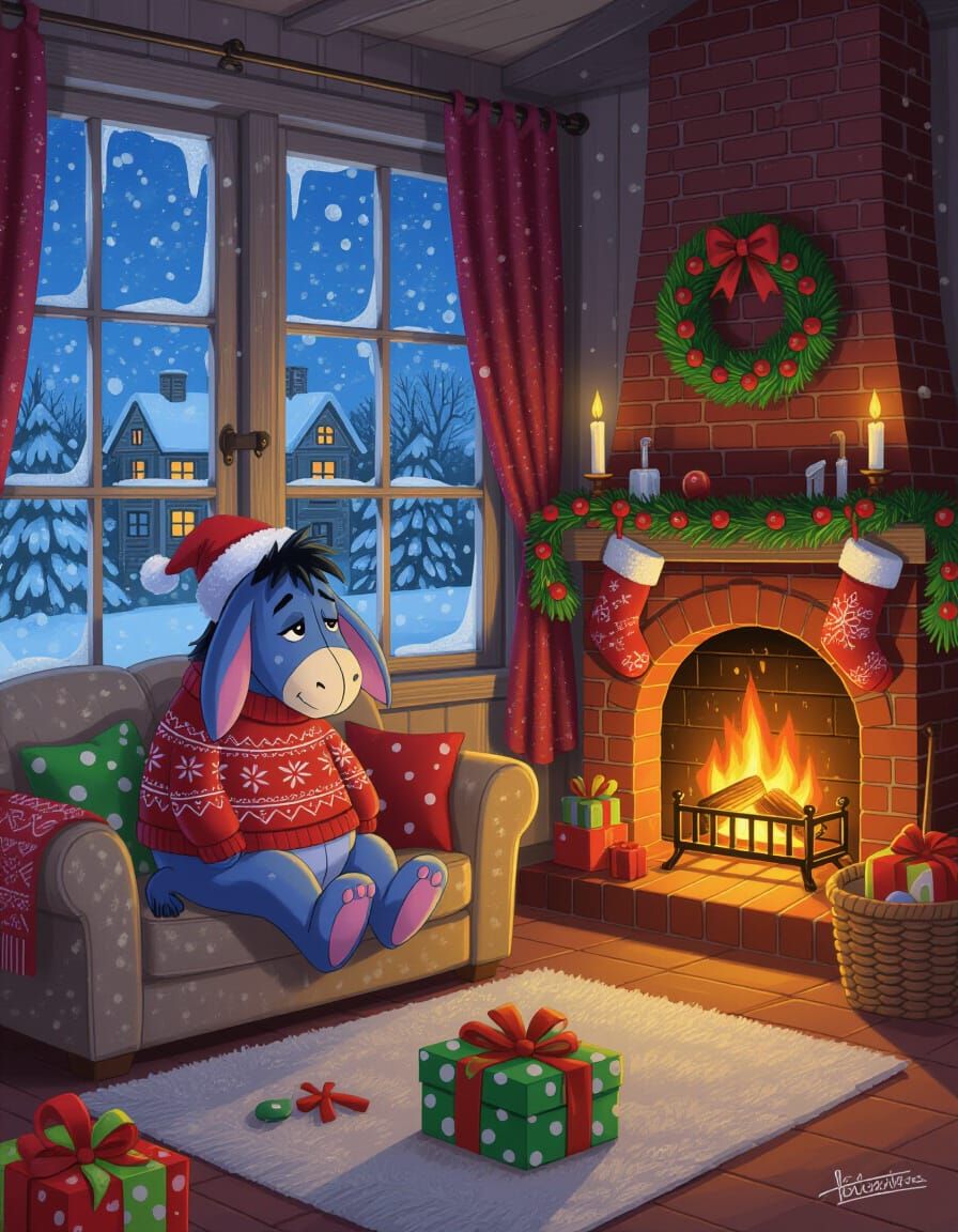 Cozy Evening Living Room with Snow and Fireplace