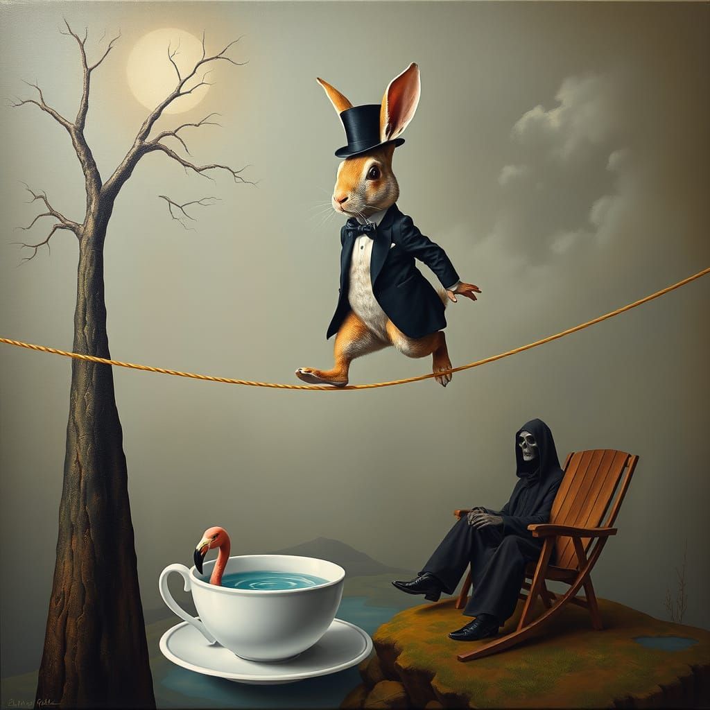 Surreal Rabbit High Wire Act in Dream Landscape