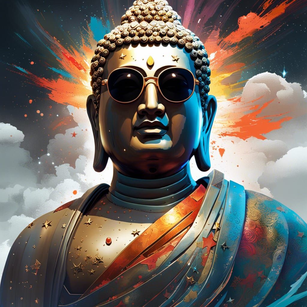 Celestial Buddha with Sunglasses in Starry Explosion