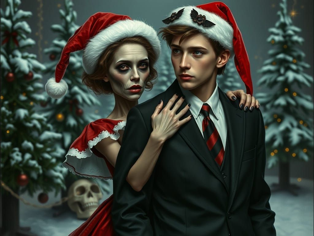 Undead Gothic Romance Christmas Scene in Bold Brushstrokes