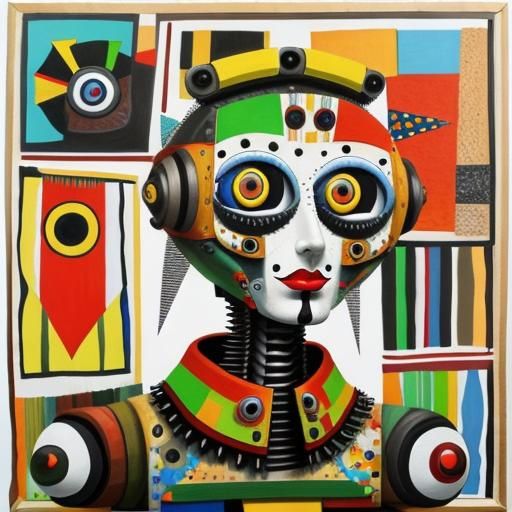 Colorful Scrap Robot Portrait in Mixed Media Collage