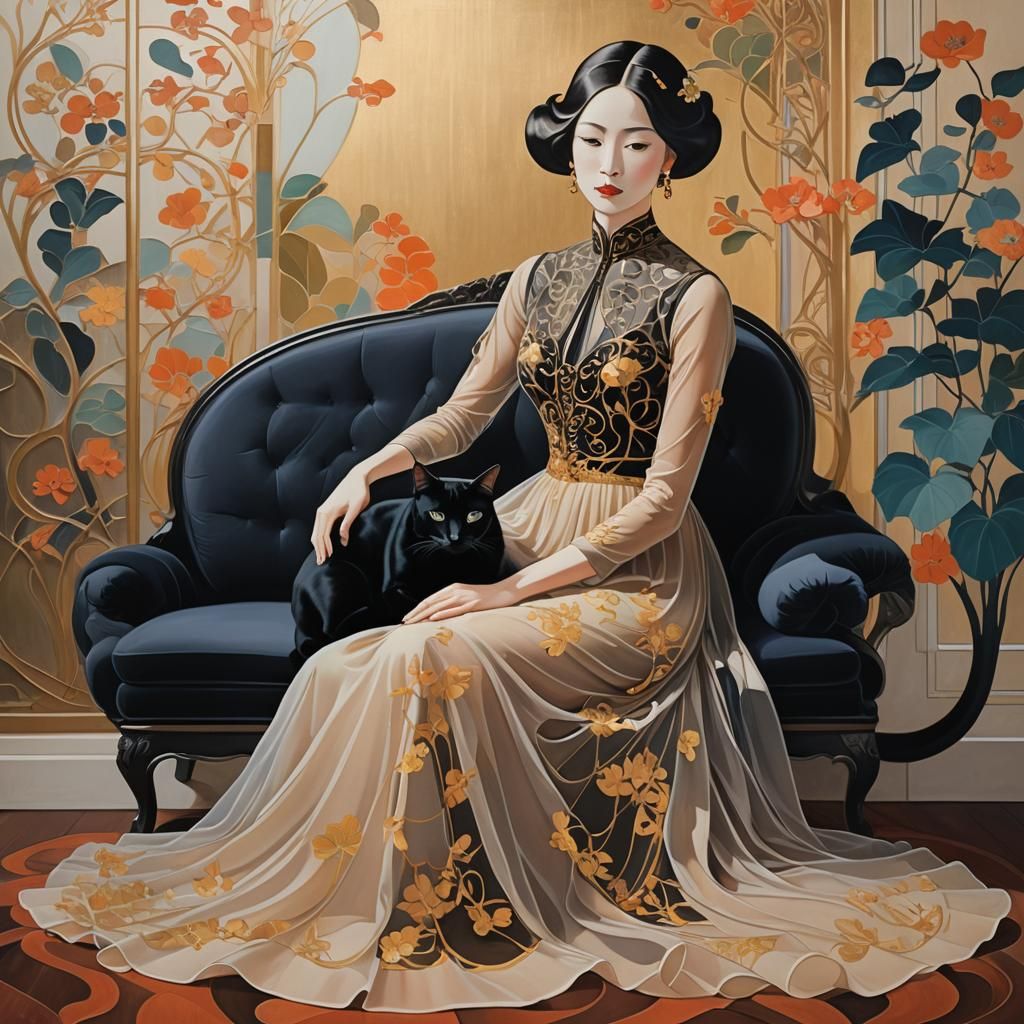 Elegant Lady with Cat in Art Nouveau Style