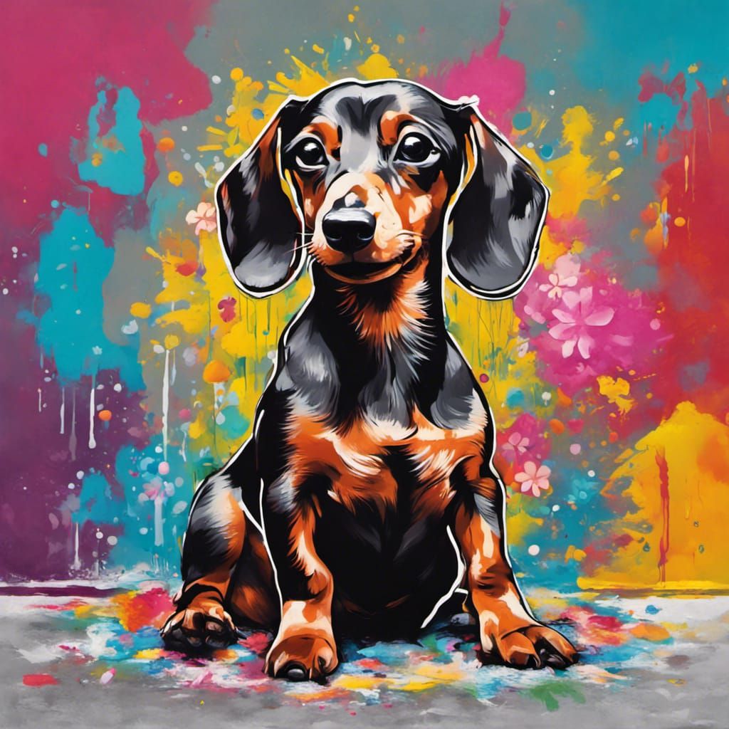 Dachshund with Flowers in Graffiti Street Art