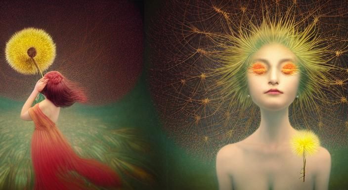 Woman and Dandelion in Wind, Fairytale Art