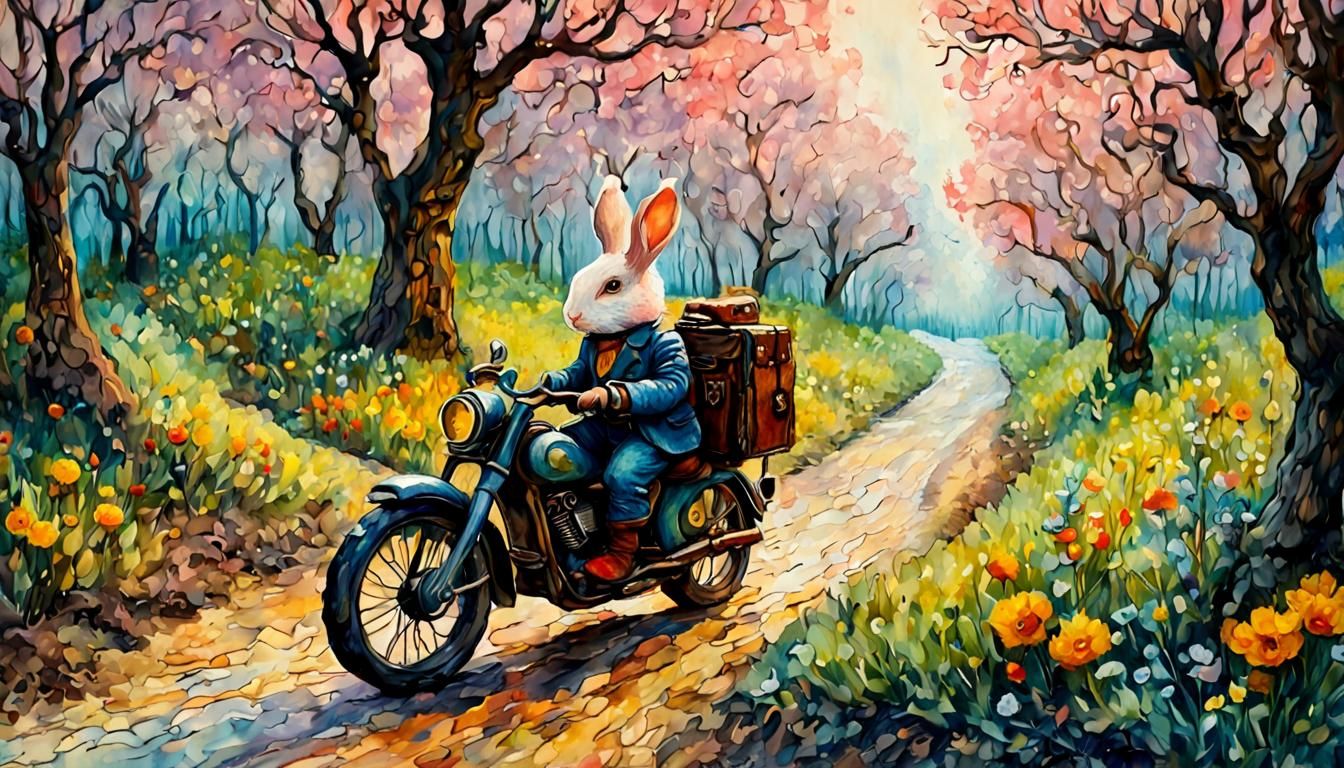 Surreal Dutch Garden with Steampunk Bunny, Impasto Oil Paint...