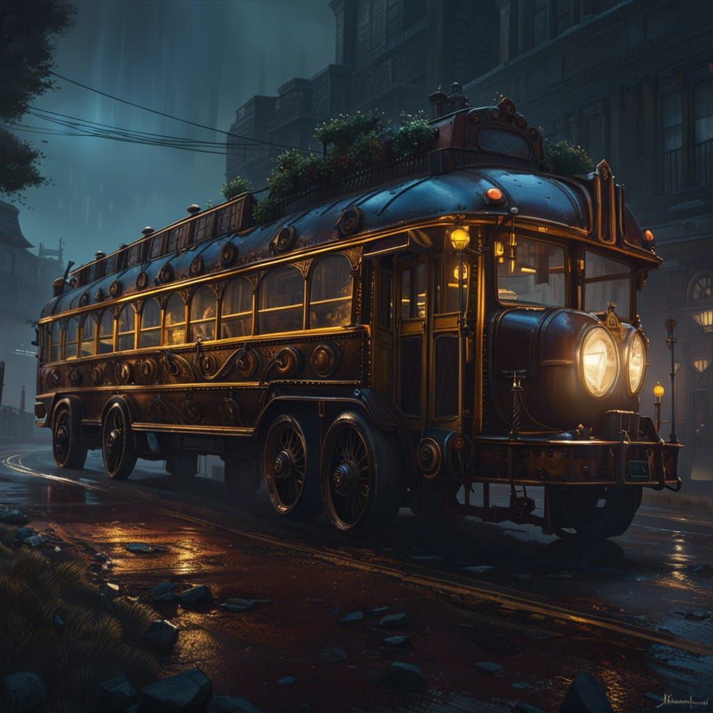 Steampunk School Bus on City Road at Night