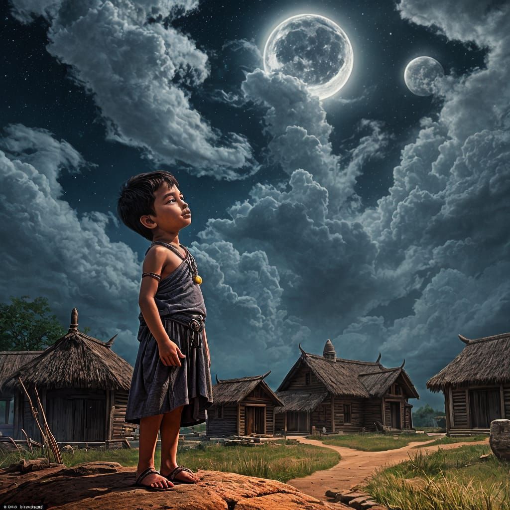 Village Boy Contemplates Under Dark Skies with Shiva Lingam...