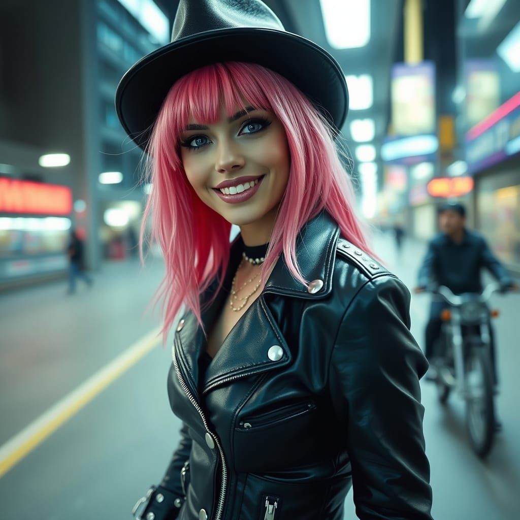 Pink Haired Woman in Leather Jacket Dress