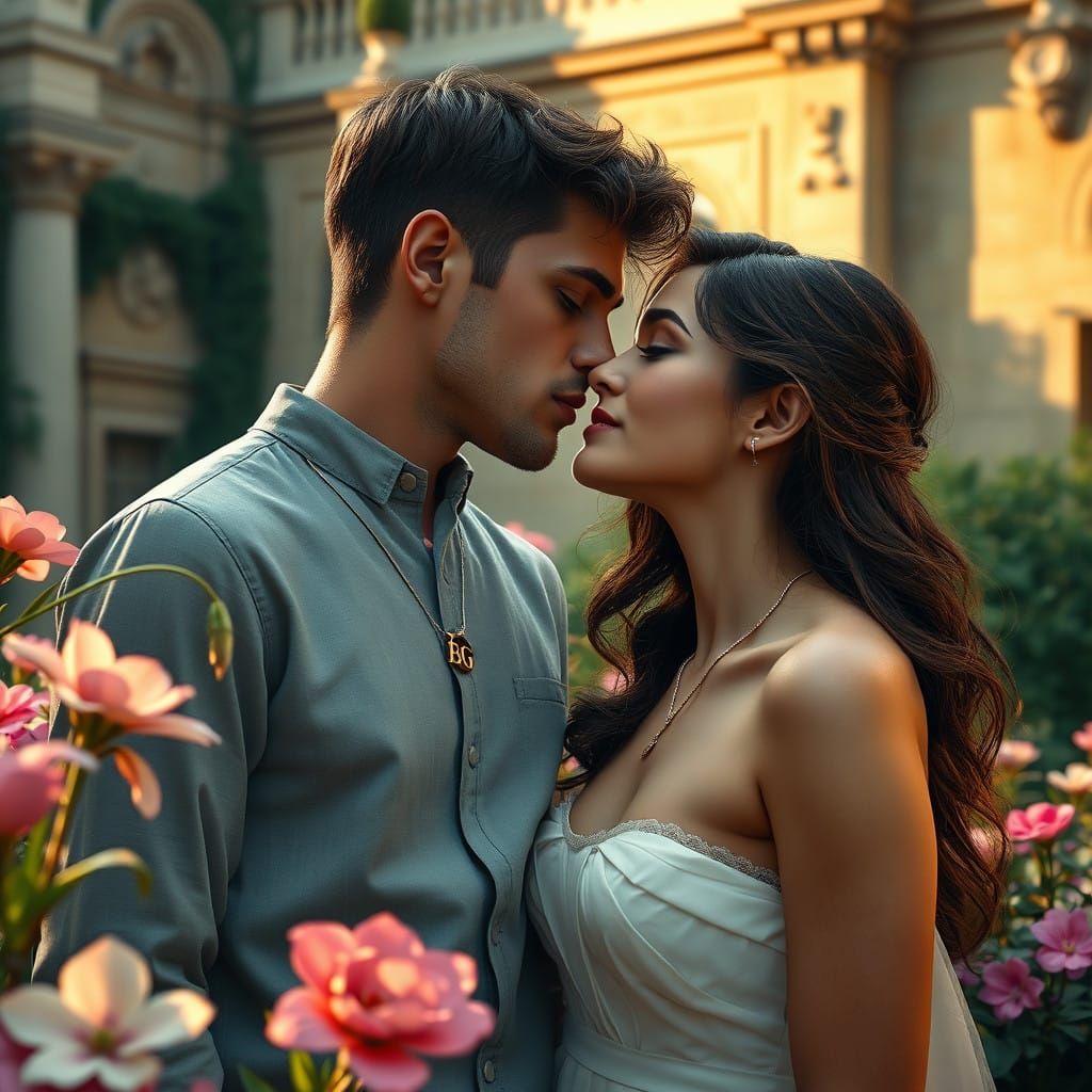 Tender Moment in a Grand Palace Garden, in Realist Style