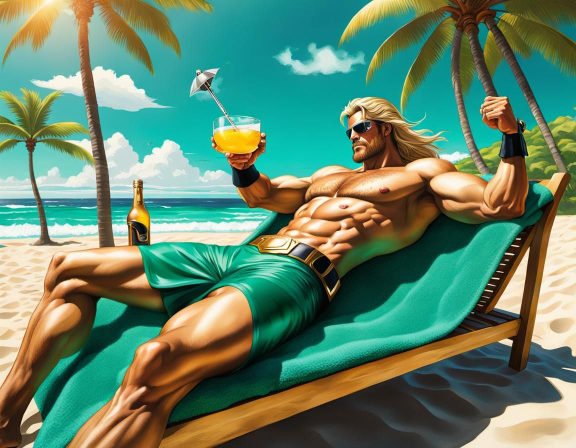 Thor Relaxing on Tropical Beach in Sorayama Style